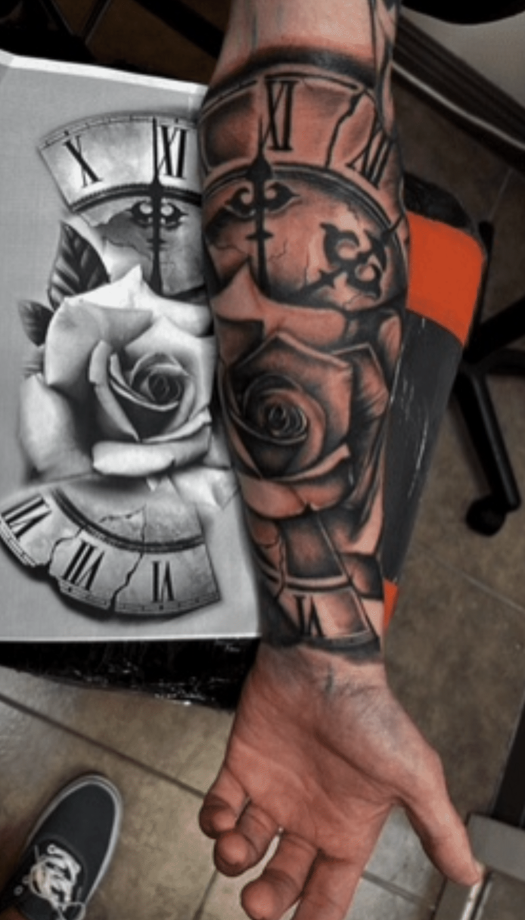 Black and grey forearm tattoo of a rose and a broken Roman numeral clock, shown next to its drawing, Tagz Tattoo in Mesa, AZ