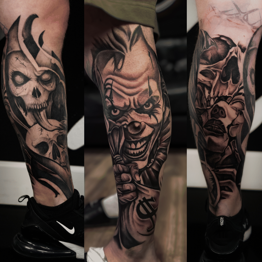 Three black and grey lower leg sleeves: jester skull, clown holding a money bag, skull with roses, Tagz Tattoo in Mesa, AZ