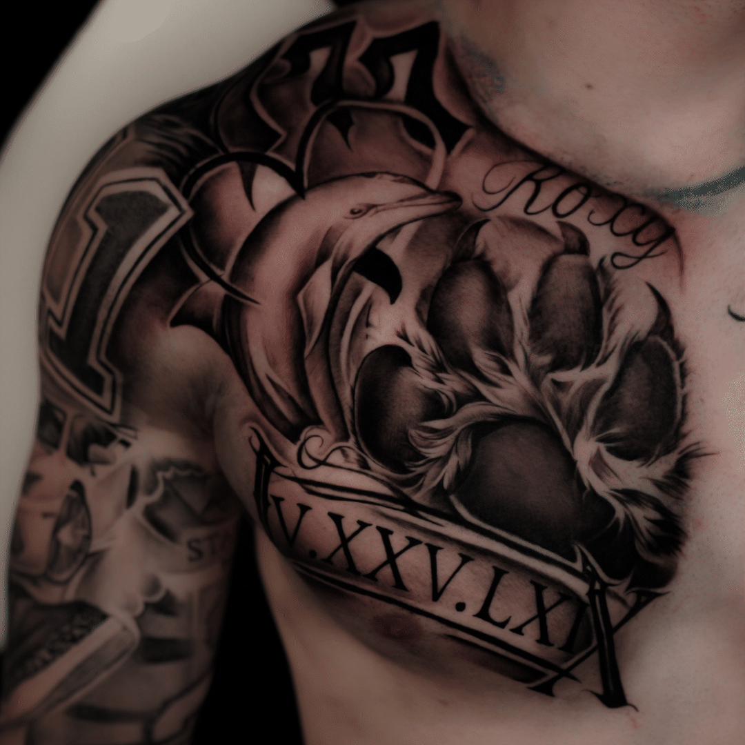 Half Chest panel tattoo at Tagz Tattoo, Mesa, AZ