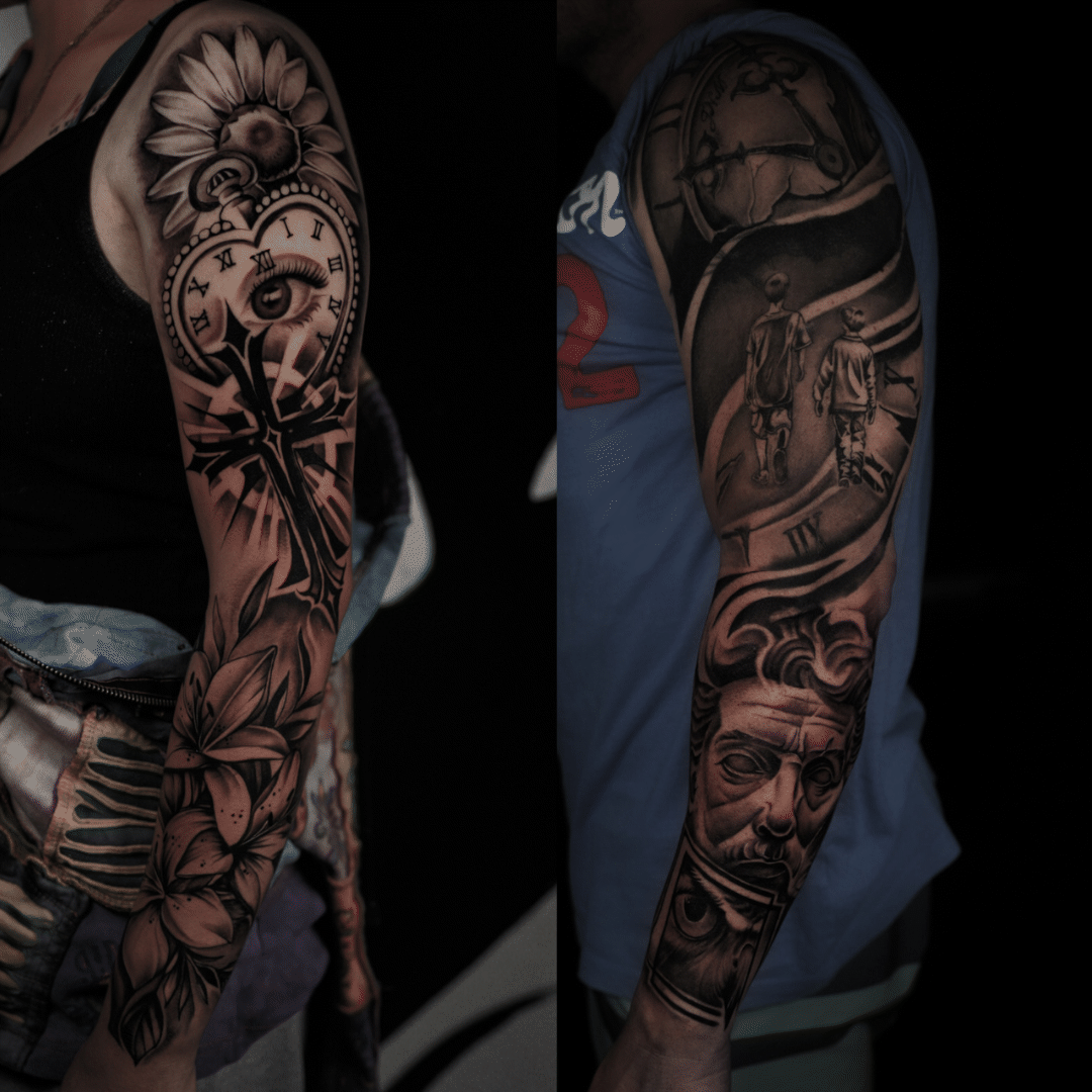 Black and grey full sleeves, a sunflower and eye over a Roman numeral clock, figures under a clock, Tagz Tattoo in Mesa, AZ