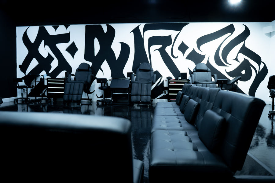 Client chairs in the main room at Tagz Tattoo
