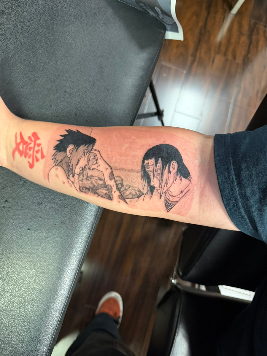 Fine line anime style forearm tattoo