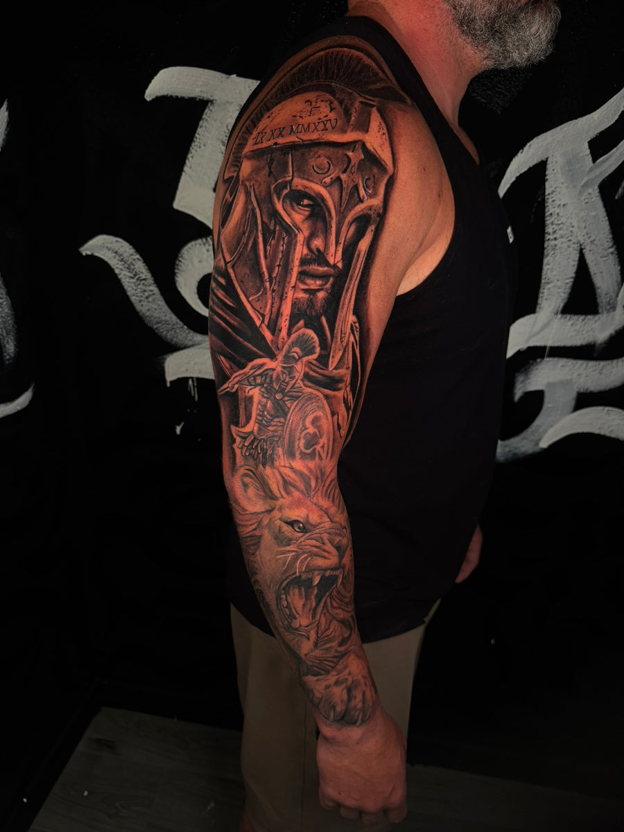 Black and grey full sleeve with warrior detail