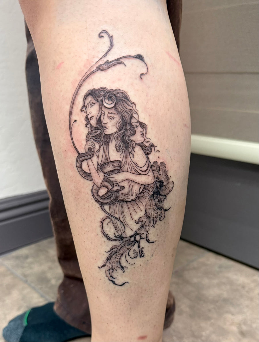 Fine line illustrative calf tattoo