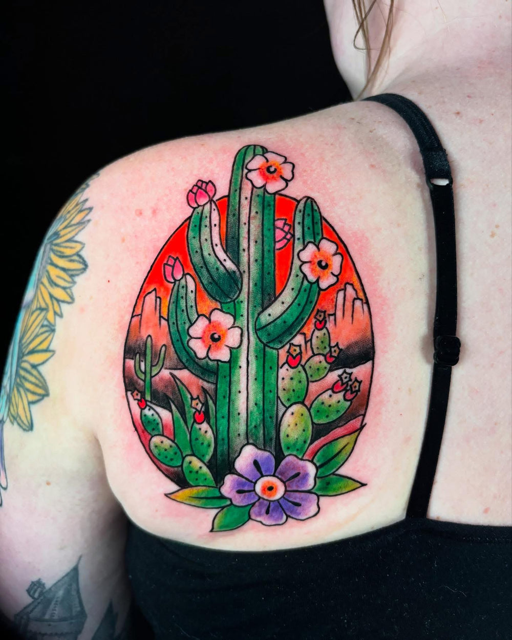 Color Arizona desert cactus tattoo on the shoulder
