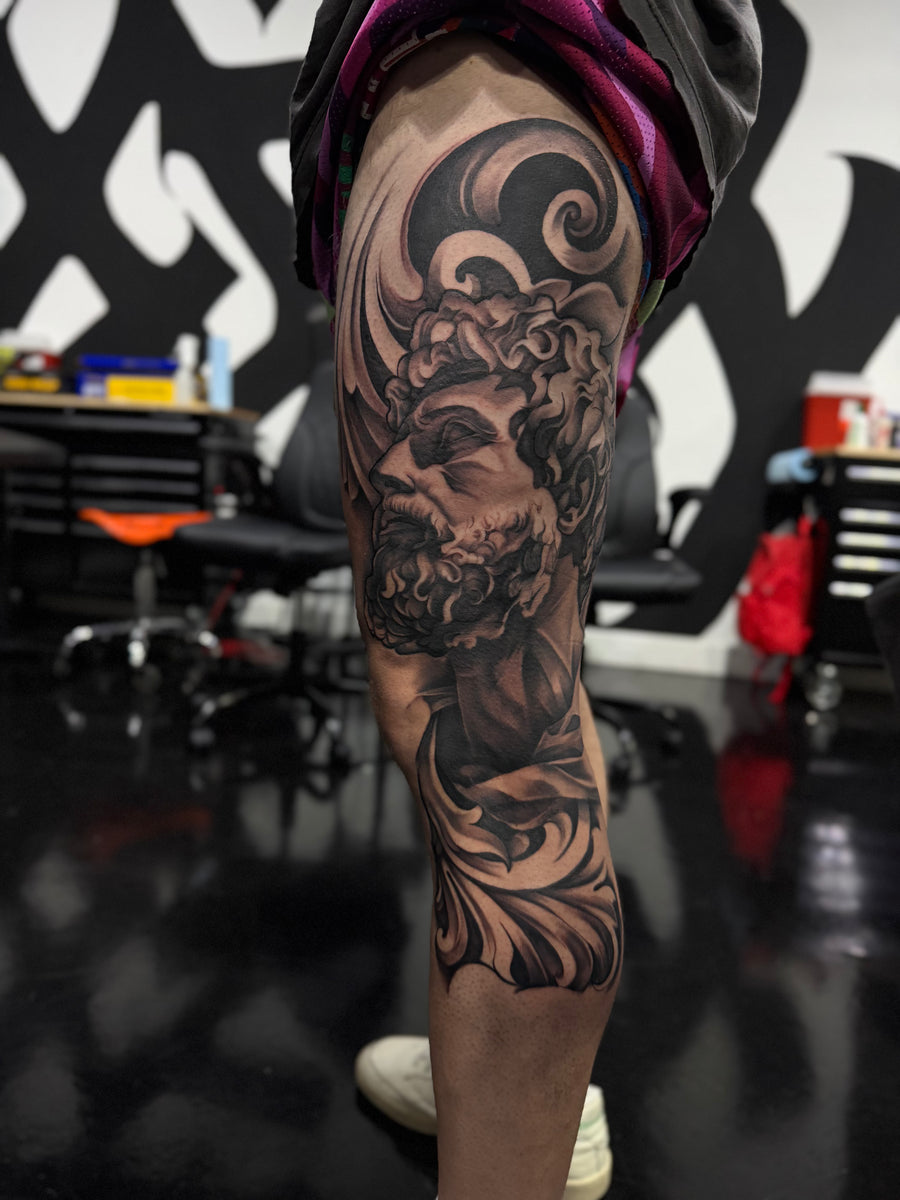 Japanese style leg sleeve in progress at Tagz Tattoo