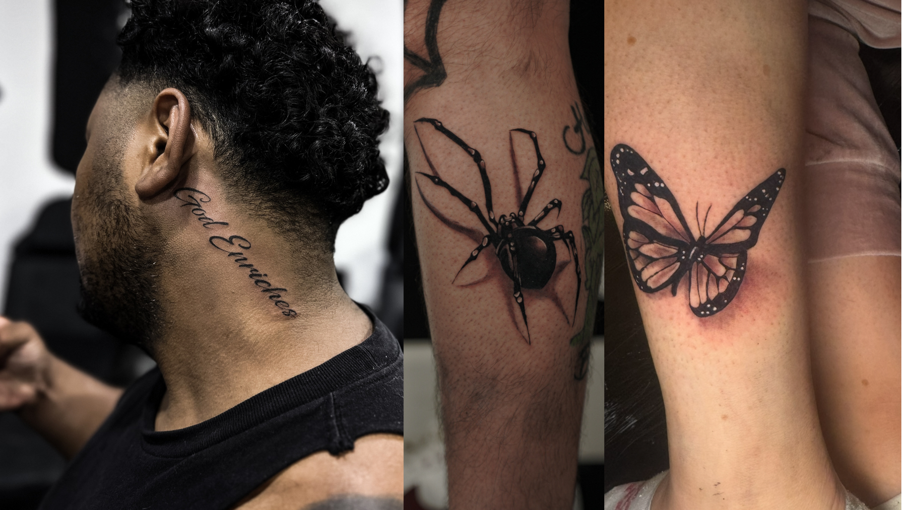 Script neck tattoo, spider and butterfly tattoos by Tagz artists