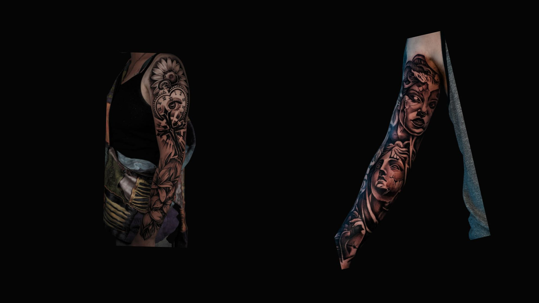 Black and grey sleeve tattoo work from Tagz Tattoo, Mesa